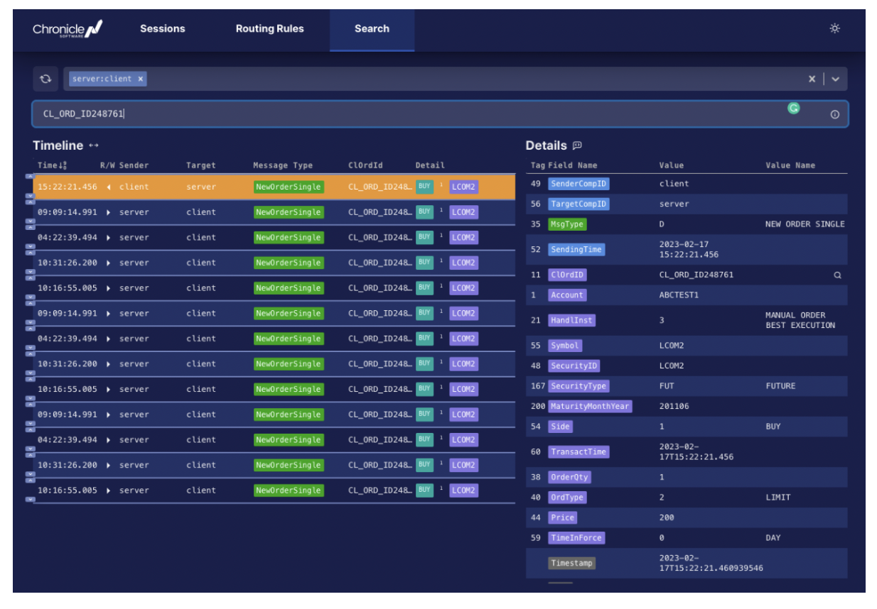 Searching for all FIX messages with a given client order id.