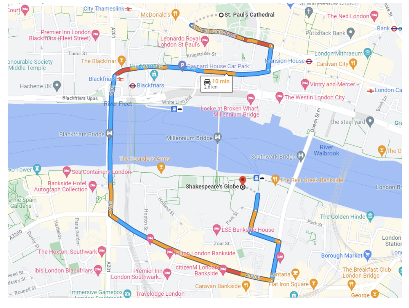 St. Paul’s Cathedral to Shakespeare’s Globe in London by car