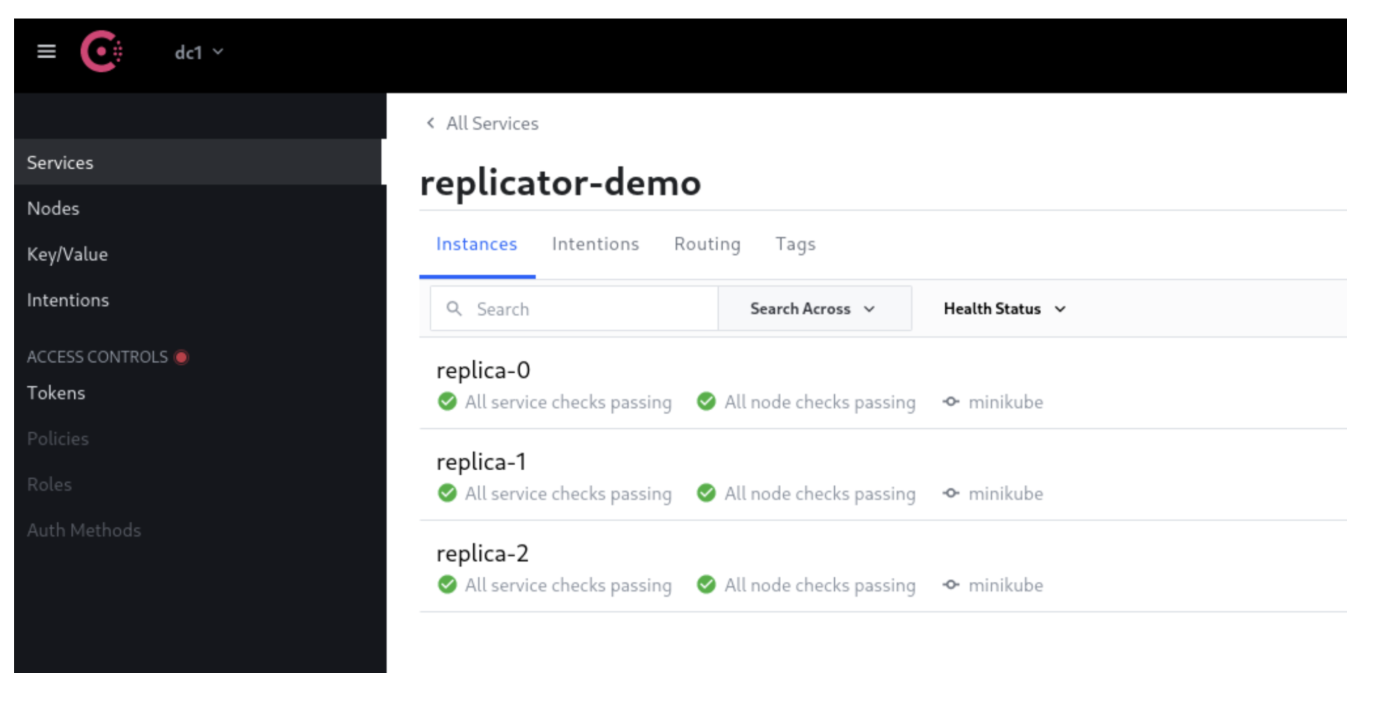 The Consul service registry UI showing the healthy cluster of replicas