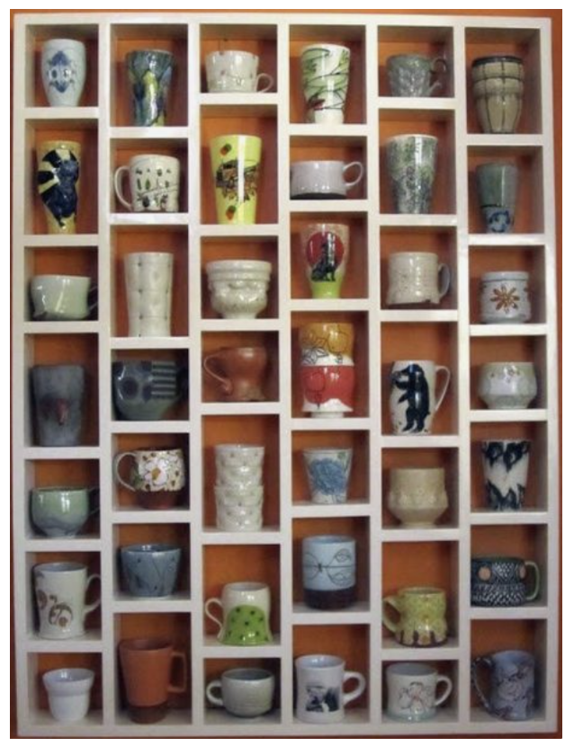 Mugs organised on a shelf, representing objects in a system